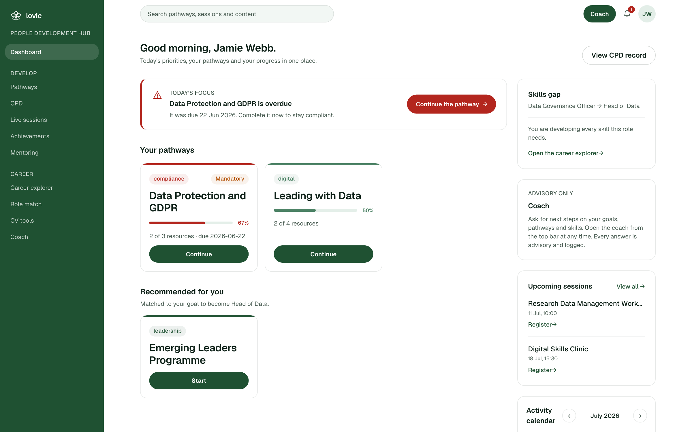 The People Development Hub dashboard